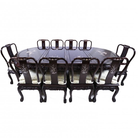 Chinese Rosewood 98" Oval Dining Set with Mother of Pearl Inlaid 98"  With Tiger Leg and Grapes Carving Design 11 Pc Set - DF-D010F/98