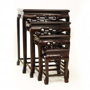 Solid Rosewood Nest of 4 Tables Tiger Paw Leg Carving and Mother of Pearls Inlaid Dark Cherry Finish LK 32-000454B