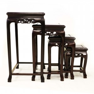 Solid Rosewood Nest of 4 Tables Tiger Paw Leg Carving and Mother of Pearls Inlaid Dark Cherry Finish LK 32-000454B