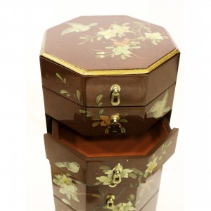 Lk HA-1897 Hand Painted Flowers and Birds Octagonal Pedestal with 8 Drawers Dark Amber Color