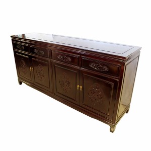 LK11-000321A 72''Rosewood Oriental Buffet Cabinet with Grapes Carvings and Dark Cherry Red Color