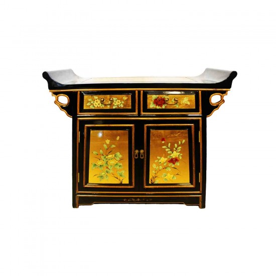 Oriental Altar Entrance Cabinet Lacquered Gold Black Finish - LK5132 