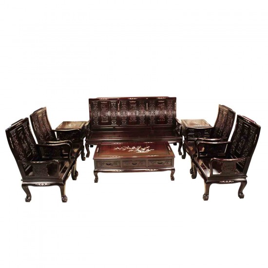 Solid Rosewood Highback Sofa Set 8 Pcs Set Dark Cherry Finish with Mother of Pearl Inlaid Tiger Leg Pattern -LK69-1001054/8C3.5