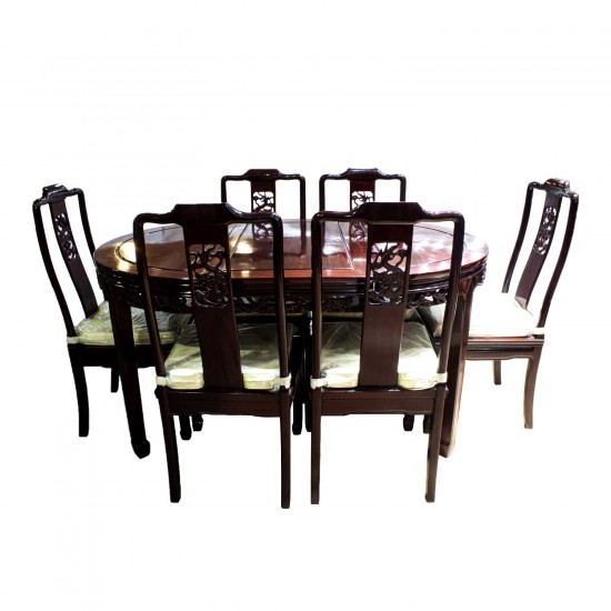 Dark Cherry Solid Rosewood 38" Dining Table Set 7 Pc Set Open Carvings Dragon Art Horse Shoe Leg Design - LFDT/38"