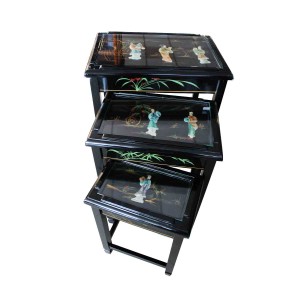 Hand Painted Black Lacquer Finish Nest of 3 Table With Geisha Inlaid With Mother Of Pearl Horse Shoe Leg  Design Glass Top - LK-HA/1948