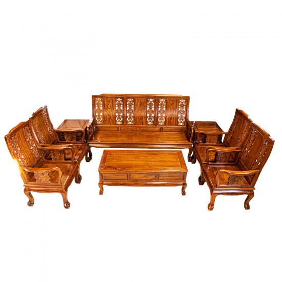 Solid Rosewood Highback Sofa Set 8 Pcs Set Closed Carvings Natural Finish Tiger Leg Pattern - LK69/001074M/8 