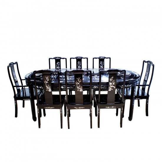  Dark Cherry 80″ Rosewood Dining Table 9 Pc Set With Mother Of Pearls Inlaid On Table and Chairs - LK73/000511AM