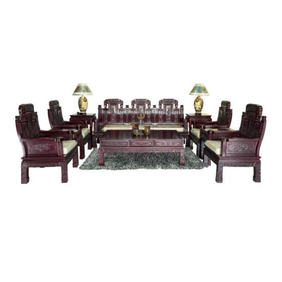 LK E-38 /10 Solid Rosewood Elephant Design Carving Sofa Set Of 10 pcs,Dark Cherry Color.