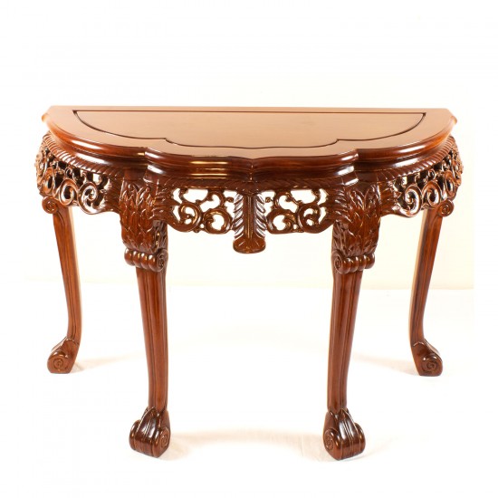 LK31/0016/1.5  Half moon Table with Tiger Leg and Deep Carved Floral Design with Natural Finish