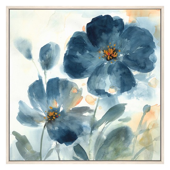 Square PS Framed Canvas Wall Art  w/ Flowers, Blue - W20022