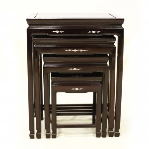 Solid Rosewood Nest of 4 Tables Horse Shoe Leg with Mother of Pearls Inlaid Dark Cherry Finish-LK32/000454